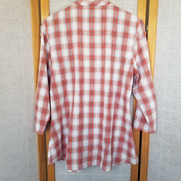 IOM Size S Western Shirt Top Rhinestone Snap Embroidered Orange Plaid Popover - Picture 6 of 10